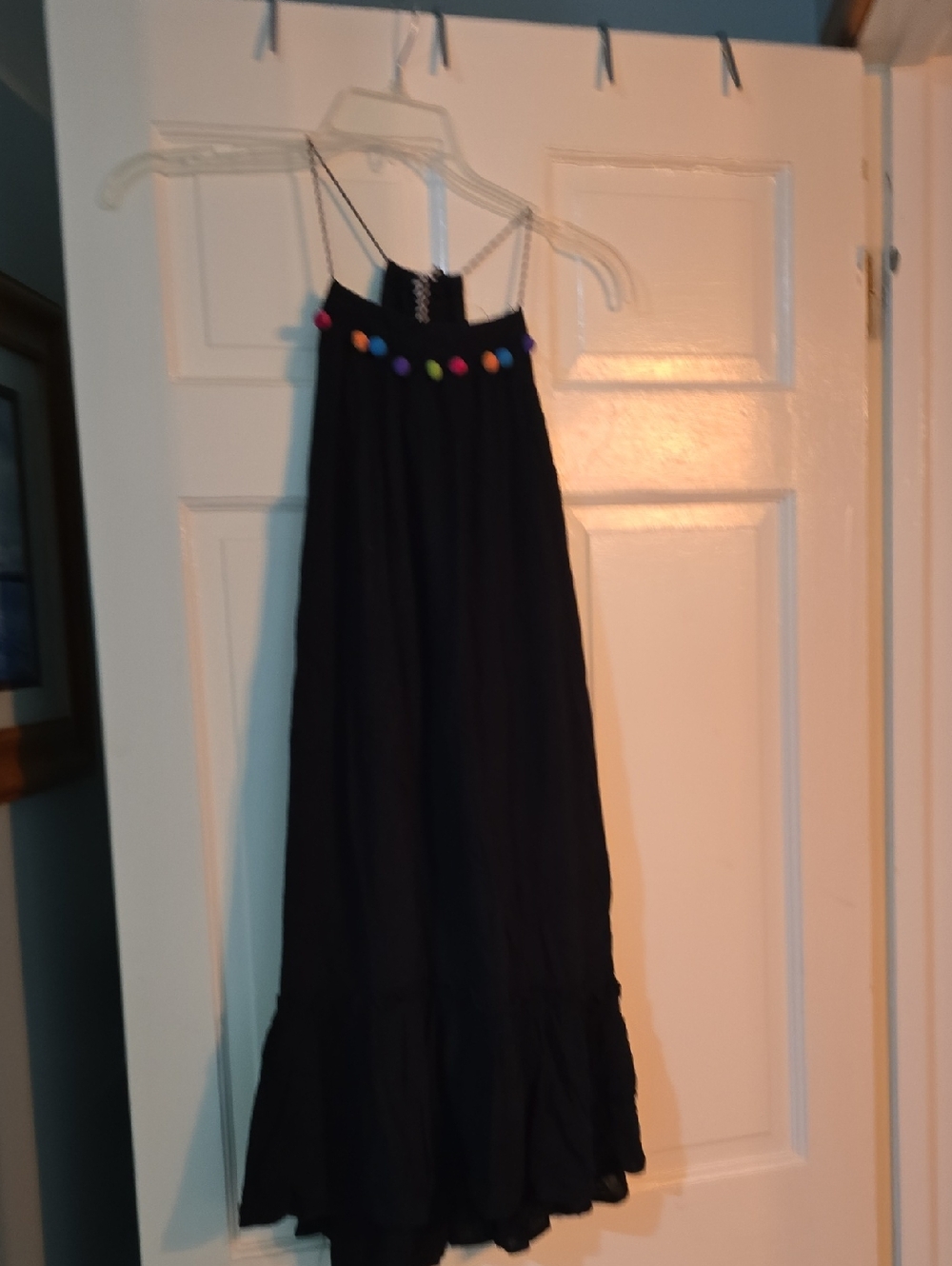 Womens Black Midi Dress with Colorful Pom Trim